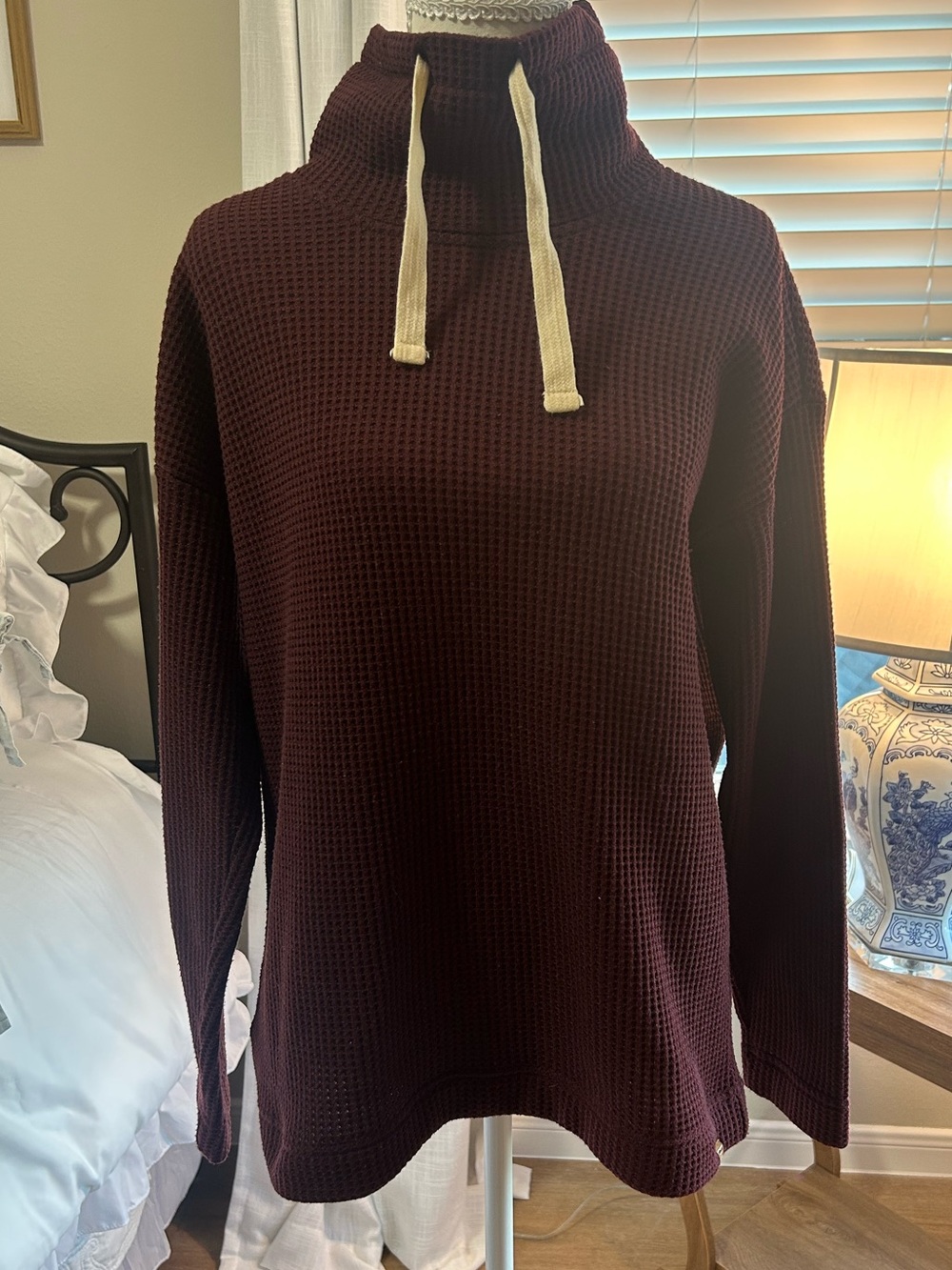LL Bean Women’s Burgundy Waffle-Knit Pullover Sweater with Contrast Drawcord